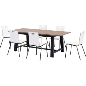 Jive 84"x 36" Dining Table Set, 6 White Cafe Chairs, Teak Top/Black Frame