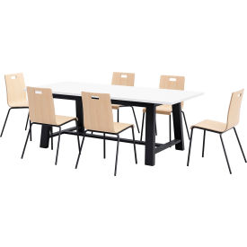 Jive 84"x 36" Dining Table Set, 6 Natural Cafe Chairs, White Top/Black Frame
