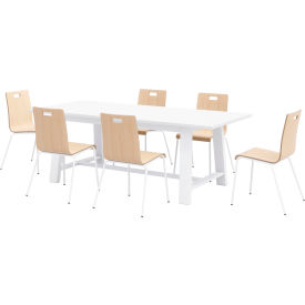 Jive 84"x 36" Dining Table Set, 6 Natural Cafe Chairs, White Top/White Frame
