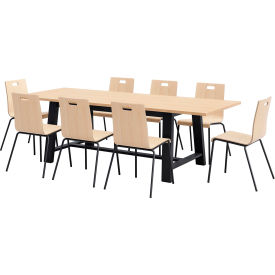 96"x 36" Dining Table Set, 8 Natural Cafe Chairs, Maple Top/Black Frame