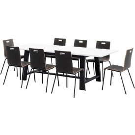 Jive 96"x 36" Dining Table Set, 6 Natural Cafe Chairs, White Top/Black Frame