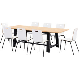 Jive 96"x 36" Dining Table Set, 8 White Cafe Chairs, Maple Top/Black Frame