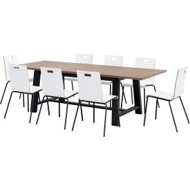 96"x 36" Dining Table Set, 8 White Cafe Chairs, Teak Top/Black Frame