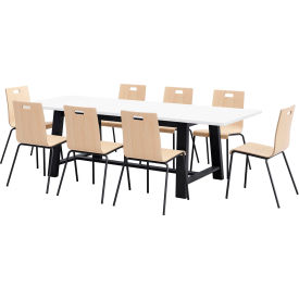 Jive 96"x 36" Dining Table Set, 8 Natural Cafe Chairs, White Top/Black Frame