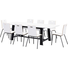 Jive 96"x 36" Dining Table Set, 8 White Cafe Chairs, White Top/Black Frame