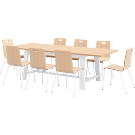 96"x 36" Dining Table Set, 8 Natural Cafe Chairs, Maple Top/White Frame