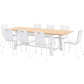 96"x 36" Dining Table Set, 8 White Cafe Chairs, Maple Top/White Frame