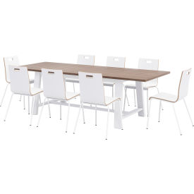 96"x 36" Dining Table Set, 8 White Cafe Chairs, Teak Top/White Frame