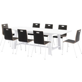 Jive 96"x 36" Dining Table Set, 6 Natural Cafe Chairs, White Top/White Frame