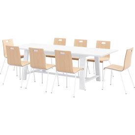 Jive 96"x 36" Dining Table Set, 8 Natural Cafe Chairs, White Top/White Frame