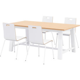 Jive 72"x 36" Dining Table Set, 4 White Chairs, Maple Top/White Frame