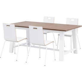 Jive 72"x 36" Dining Table Set, 4 White Chairs, Teak Top/Black Frame