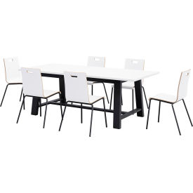 Jive 84"x 36" Dining Table Set, 6 White Cafe Chairs, White Top/Black Frame