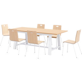 Jive 84"x 36" Dining Table Set, 6 Natural Cafe Chairs, Maple Top/White Frame