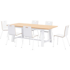 Jive 84"x 36" Dining Table Set, 6 White Cafe Chairs, Maple Top/White Frame