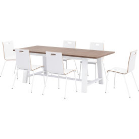 Jive 84"x 36" Dining Table Set, 6 White Cafe Chairs, Teak Top/White Frame