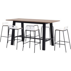 84"x 36" Bistro Table Set, 6 White Barstools, Teak Top/Black Frame