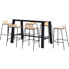 Jive 84"x 36" Bistro Table Set, 6 Natural Cafe Chairs, White Top/Black Frame