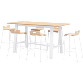 Jive 84"x 36" Bistro Table Set, 6 Natural Cafe Chairs, Maple Top/White Frame