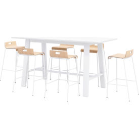 Jive 84"x 36" Bistro Table Set, 6 Natural Cafe Chairs, White Top/White Frame