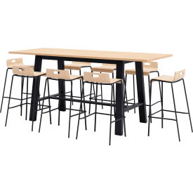 96"x 36" Bistro Table Set, 8 Natural Barstools, Maple Top/Black Frame
