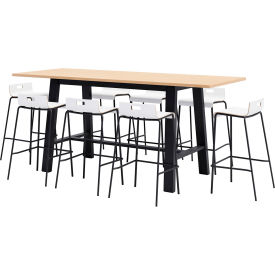 Jive 96"x 36" Bistro Table Set, 8 White Barstools, Maple Top/Black Frame