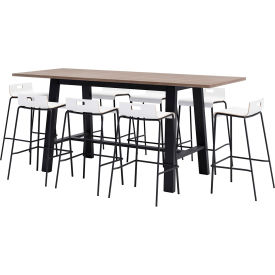 96"x 36" Bistro Table Set, 8 White Barstools, Teak Top/Black Frame