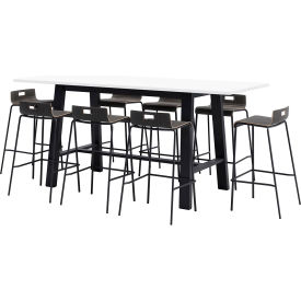 96"x 36" Bistro Table Set, 8 Espresso Barstools, White Top/Black Frame