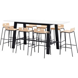 96"x 36" Bistro Table Set, 8 Natural Barstools, White Top/Black Frame