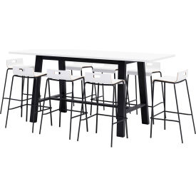 96"x 36" Bistro Table Set, 8 White Barstools, White Top/Black Frame