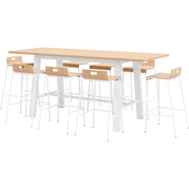 96"x 36" Bistro Table Set, 8 Natural Barstools, Maple Top/White Frame