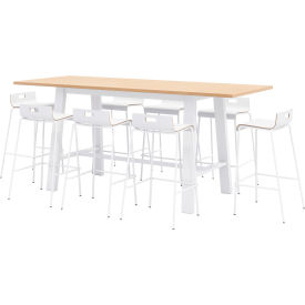 Jive 96"x 36" Bistro Table Set, 8 White Barstools, Maple Top/White Frame