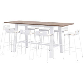 96"x 36" Bistro Table Set, 8 White Barstools, Teak Top/White Frame