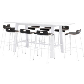 Jive 96"x 36" Bistro Table Set, 8 Espresso Barstools, White Top/White Frame