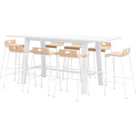 Jive 96"x 36" Bistro Table Set, 8 Natural Barstools, White Top/White Frame