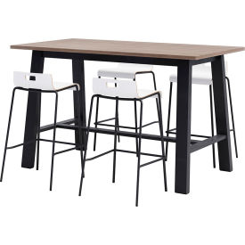 72"x 36" Bistro Table Set, 4 White Barstools, Teak Top/Black Frame