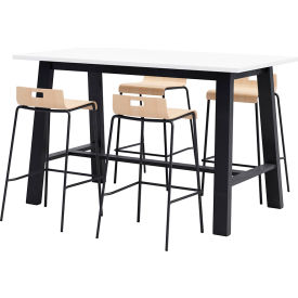 Jive 72"x 36" Bistro Table Set, 4 Natural Barstools, White Top/Black Frame