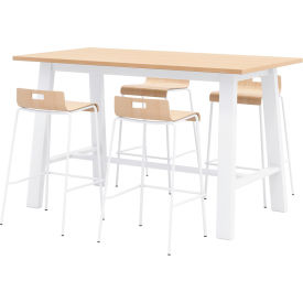 Jive 72"x 36" Bistro Table Set, 4 Natural Barstools, Maple Top/White Frame