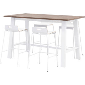Jive 72"x 36" Bistro Table Set, 4 Barstools, Teak Top/White Frame