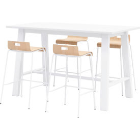 Jive 72"x 36" Bistro Table Set, 4 Natural Barstools, White Top/White Frame