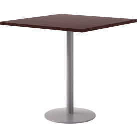 42" Square Pedestal Table, Bistro Height, Silver Base, Espresso Top