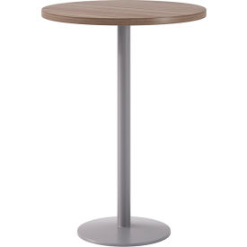 Proof 30" Round Pedestal Table, Bistro Height, Silver Base, Studio Teak Top
