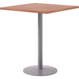 Proof 36" Square Pedestal Table, Bistro Height, Silver Base, River Cherry Top