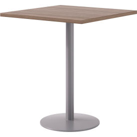 Proof 36" Square Pedestal Table, Bistro Height, Silver Base, Studio Teak Top