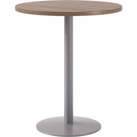 Proof 36" Round Pedestal Table, Bistro Height, Silver Base, Studio Teak Top