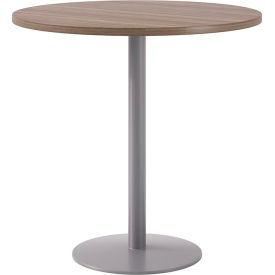 Proof 42" Round Pedestal Table, Bistro Height, Silver Base, Studio Teak Top