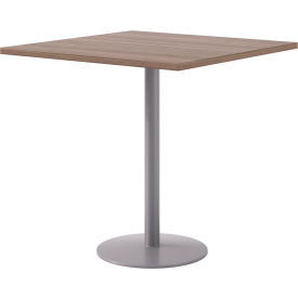 Proof 42" Square Pedestal Table, Bistro Height, Silver Base, Studio Teak Top