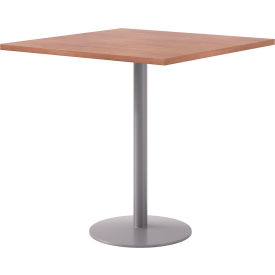 Proof 42" Square Pedestal Table, Bistro Height, Silver Base, River Cherry Top