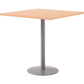 42" Square Pedestal Table, Bistro Height, Silver Base, Maple Top
