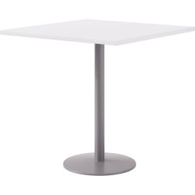 Proof 42" Square Pedestal Table, Bistro Height, Silver Base, Designer White Top